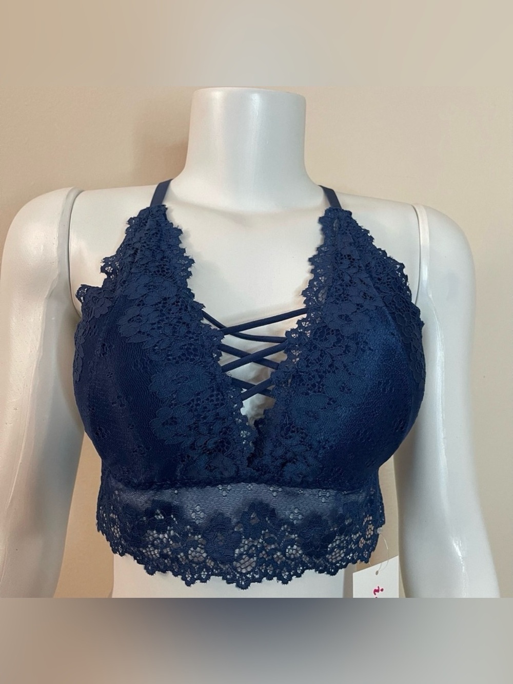 Blue lace crisscross back strappy front removable pads bralette
